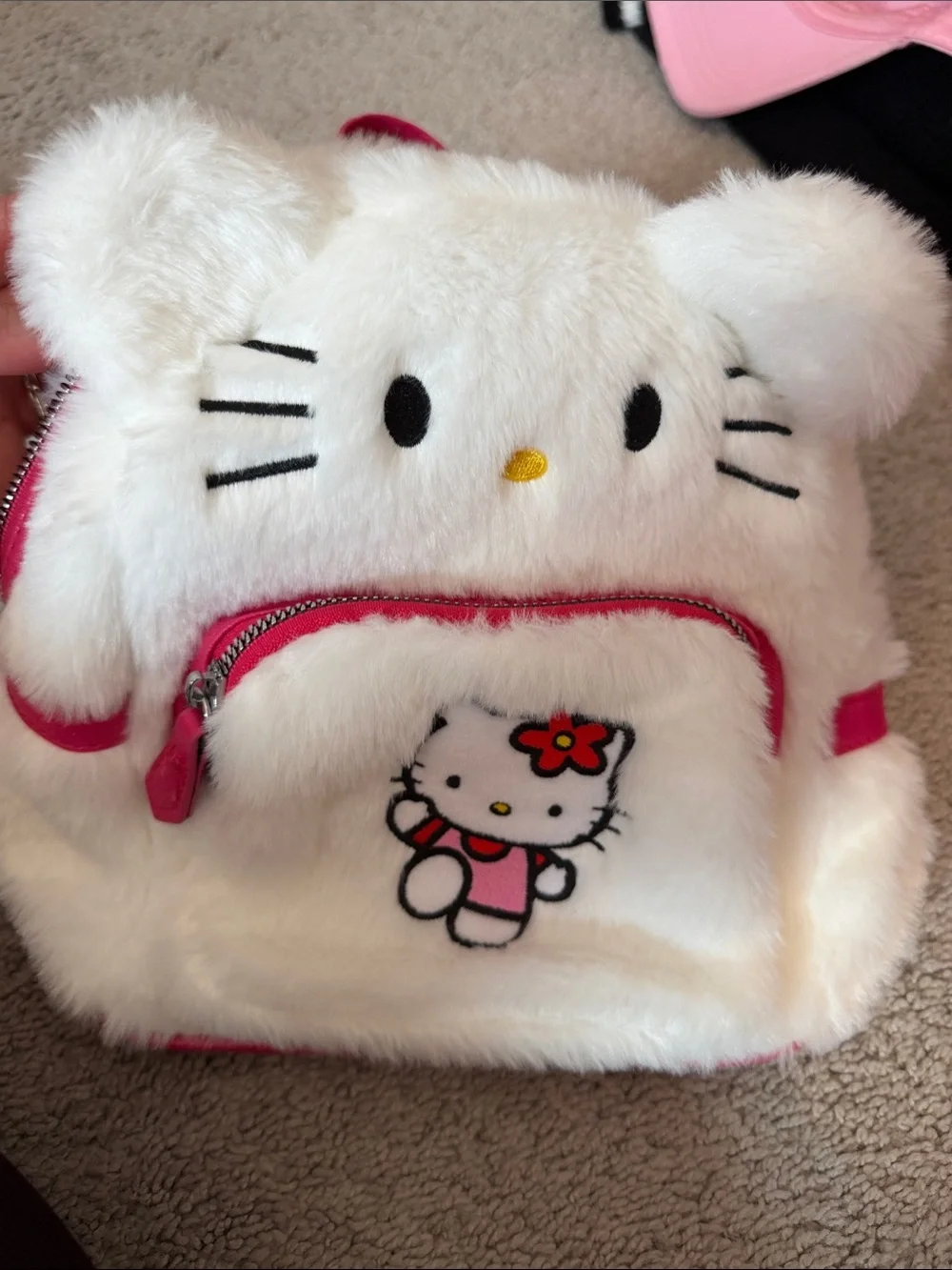 Hello kitty White & Pink Plush Kids Backpack with Character Patch